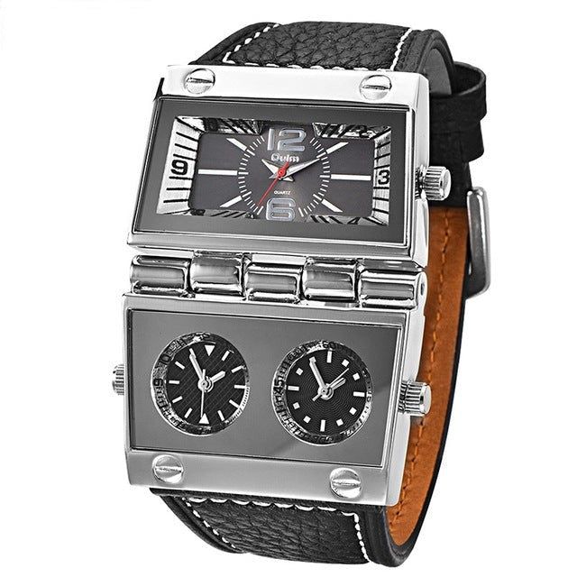 Oulm 9525 Men's Square Watches Best Creative Large Dial Leather Strap Sports Hand Watch Water Resistant Dual Men Watch