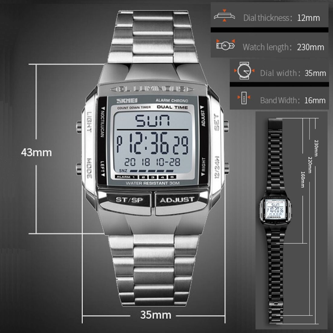 Stainless Steel Strap Wrist Watch For Men 3atm Water Resistant Digital Watch Skmei 1381